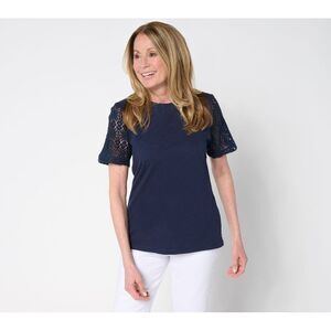 Fashion Women's Top Sz L Denim & Co. 100% Cotton Crew Neck Crochet Blue A689746